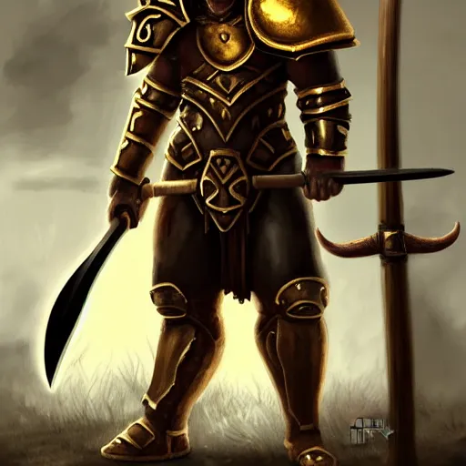 Image similar to Minotaur warrior with axe, human body, natural background, bull head, concept art, paladin golden armor, high details, symmetrical, full body, digital painting, dark fantasy, guildwar artwork