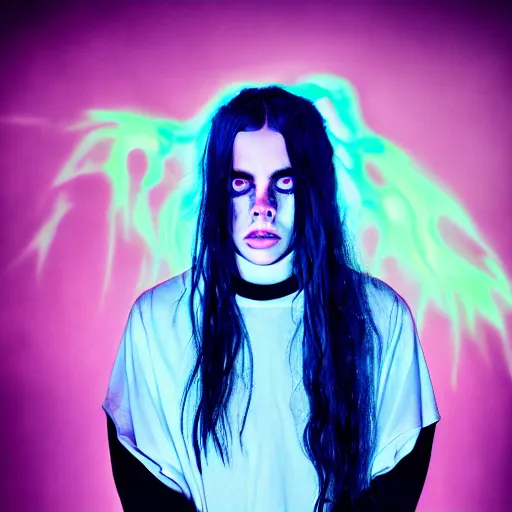 Prompt: Adult Billie Eilish as a demon in heaven, blood flowing from eyes, grungy, unkept hair, glowing eyes, modelsociety, radiant skin, huge anime eyes, RTX on, bright on black, dramatic, studio lighting, perfect face, intricate, Sony a7R IV, symmetric balance, polarizing filter, Photolab, Lightroom, 4K, Dolby Vision, Photography Award