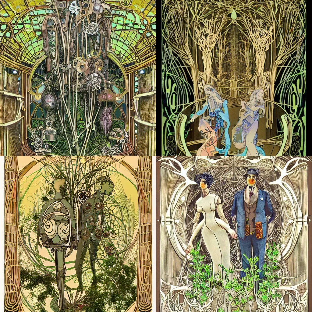 Prompt: a brilliantly detailed image of Art Nouveau automatons caring for a cybernetic forest