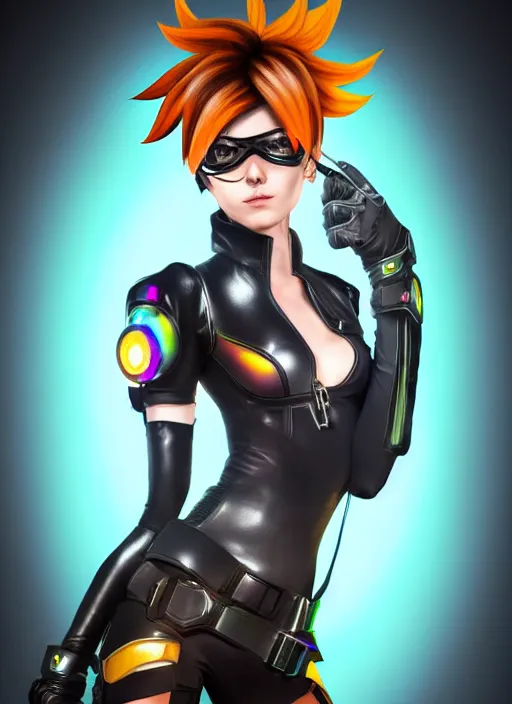 Image similar to full body digital artwork of tracer overwatch, wearing black iridescent rainbow latex, 4 k, expressive happy smug expression, makeup, in style of mark arian, wearing detailed black leather collar, wearing sleek armor, black leather harness, detailed face and eyes,