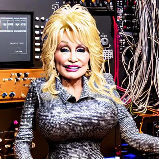 Image similar to picture of dolly parton playing modular synth with lots of wires, ultra realism, detailed, 8 k