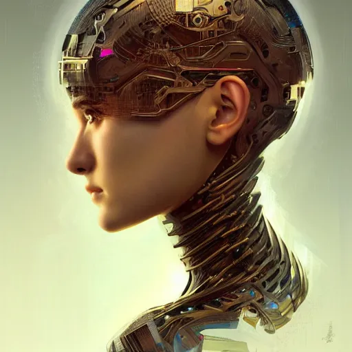 Image similar to headshot of humanoid robot from ex machina, intricate, headshot, highly detailed, digital painting, artstation, concept art, sharp focus, cinematic lighting, illustration, art by artgerm and greg rutkowski, alphonse mucha, cgsociety