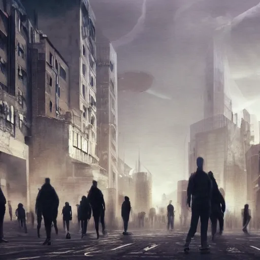 Image similar to hordes of drone-like people aimlessly walking around a depressing dystopian cityscape , trending on artststion, hyper realistic, surreal, melancholic, 8k, upscaled