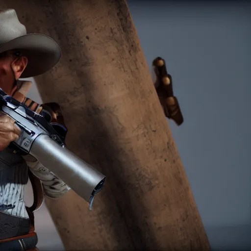Image similar to a cowboy is shocked, bullets hit him in the chest, he hold a revolver, 4 k hd high quality, octane render, unreal 5, photo taken by a nikon