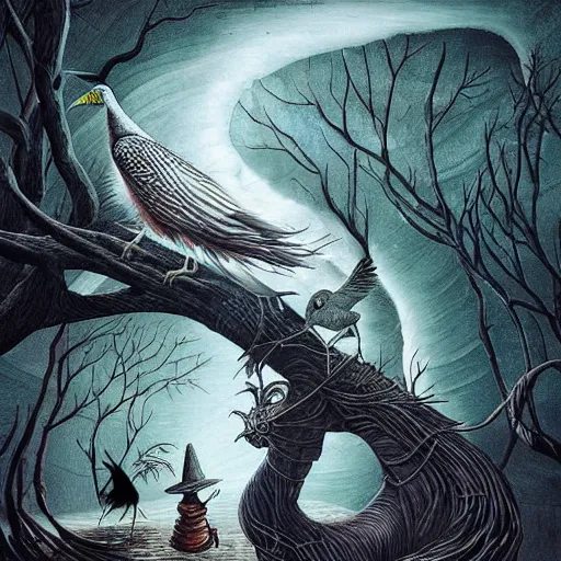 Image similar to white crow bringing rabbit leg to a witch by Android Jones and M. C. Escher collaboration, futurist, digital art, dramatic lighting