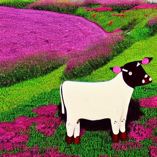 Image similar to a little cow in a field surrounded by flowers, tilt shift photo