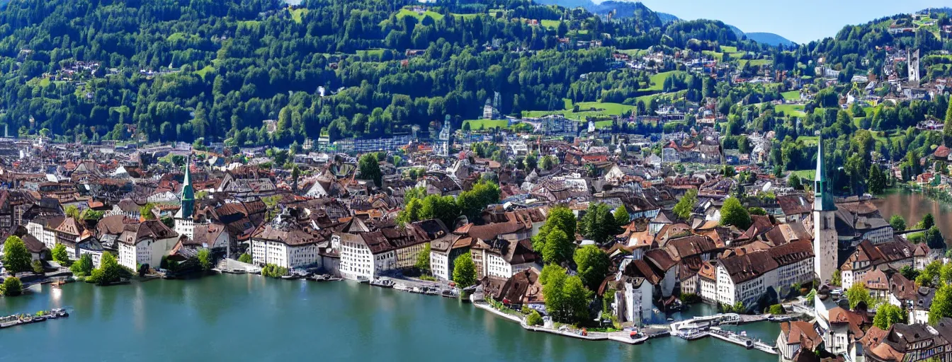 Image similar to Photo of Zurich, looking down the Limmat at the lake and the alps, Hardturm, Grossmünster, Lindenhof, Üetliberg, wide angle, volumetric light, hyperdetailed, light blue water, artstation, cgsociety, 8k