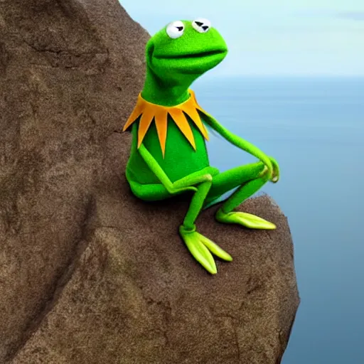 Image similar to kermit the frog drinking a beer on the edge of a cliff