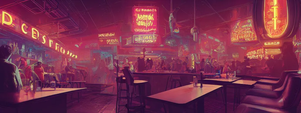 Image similar to concept art, crowded retro - futurist speakeasy, reflections, eerie neon lighting, beautiful plants, colourful flowers, style of bladerunner, octane render, artstation, james jean, syd mead, akihiko yoshida, cinematic