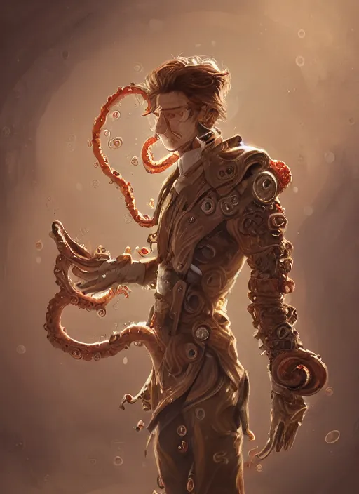 Image similar to a highly detailed illustration of wavy brown haired young white guy wearing brown coat and face mask with many mechanical tentacle arms on his back, dramatic hands in pocket standing pose, intricate, elegant, highly detailed, centered, digital painting, artstation, concept art, smooth, sharp focus, league of legends concept art, WLOP