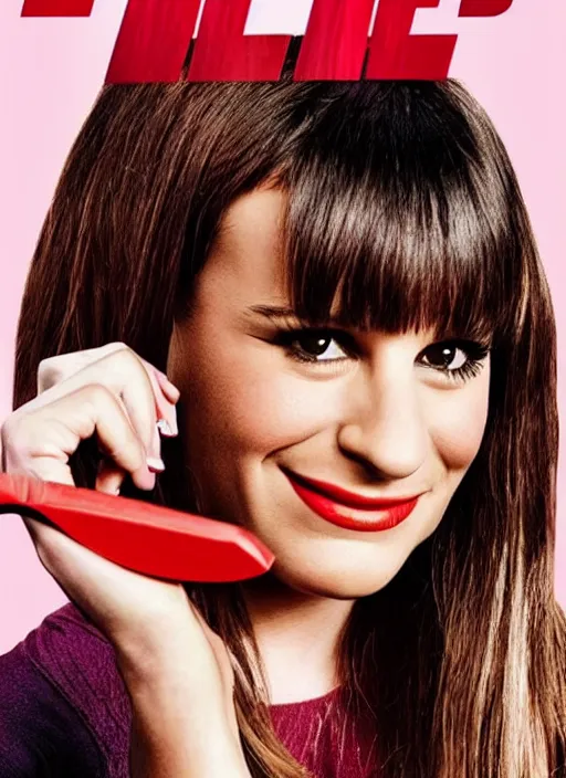 Image similar to glee sequel poster where rachel berry is the villain, evil bloody serial killer lea michele in rags with knife cackling maniacally, with text, dark disturbing version of glee, airing in 2 0 2 3