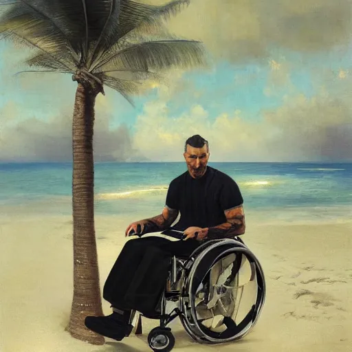 Image similar to handsome portrait of a wheelchair guy fitness posing, radiant light, caustics, war hero, smooth, one legged amputee, reflective ocean tropical, lush beach surroundings, by gaston bussiere, bayard wu, greg rutkowski, giger, maxim verehin