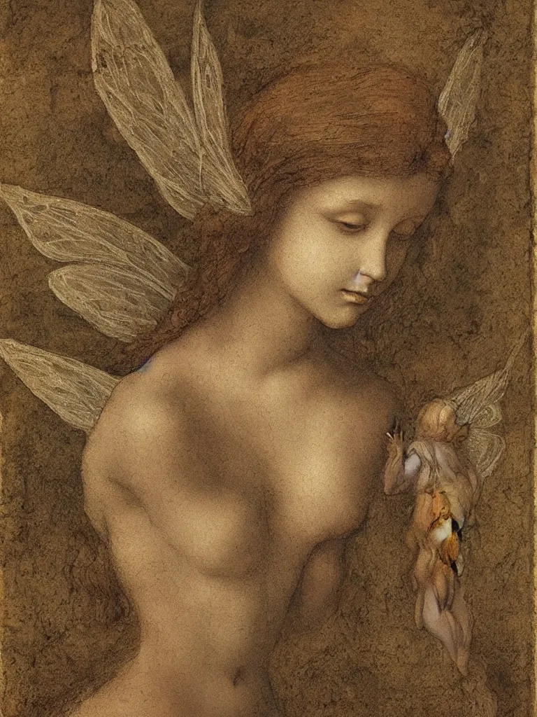 Image similar to study of a single fairy, in the style of leonardo da vinci, realistic, pretty, ethereal