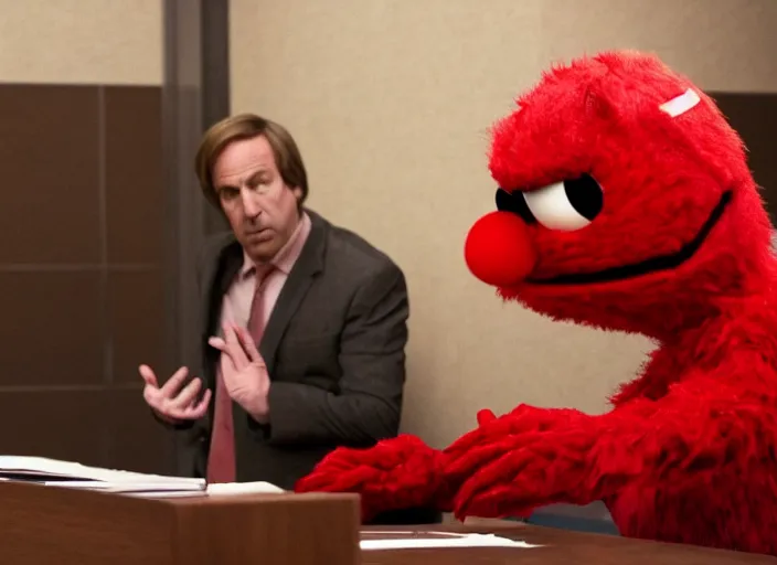 Image similar to saul goodman defending elmo in court, still from better call saul, shot by wes anderson, symmetrical shot, beautiful shot