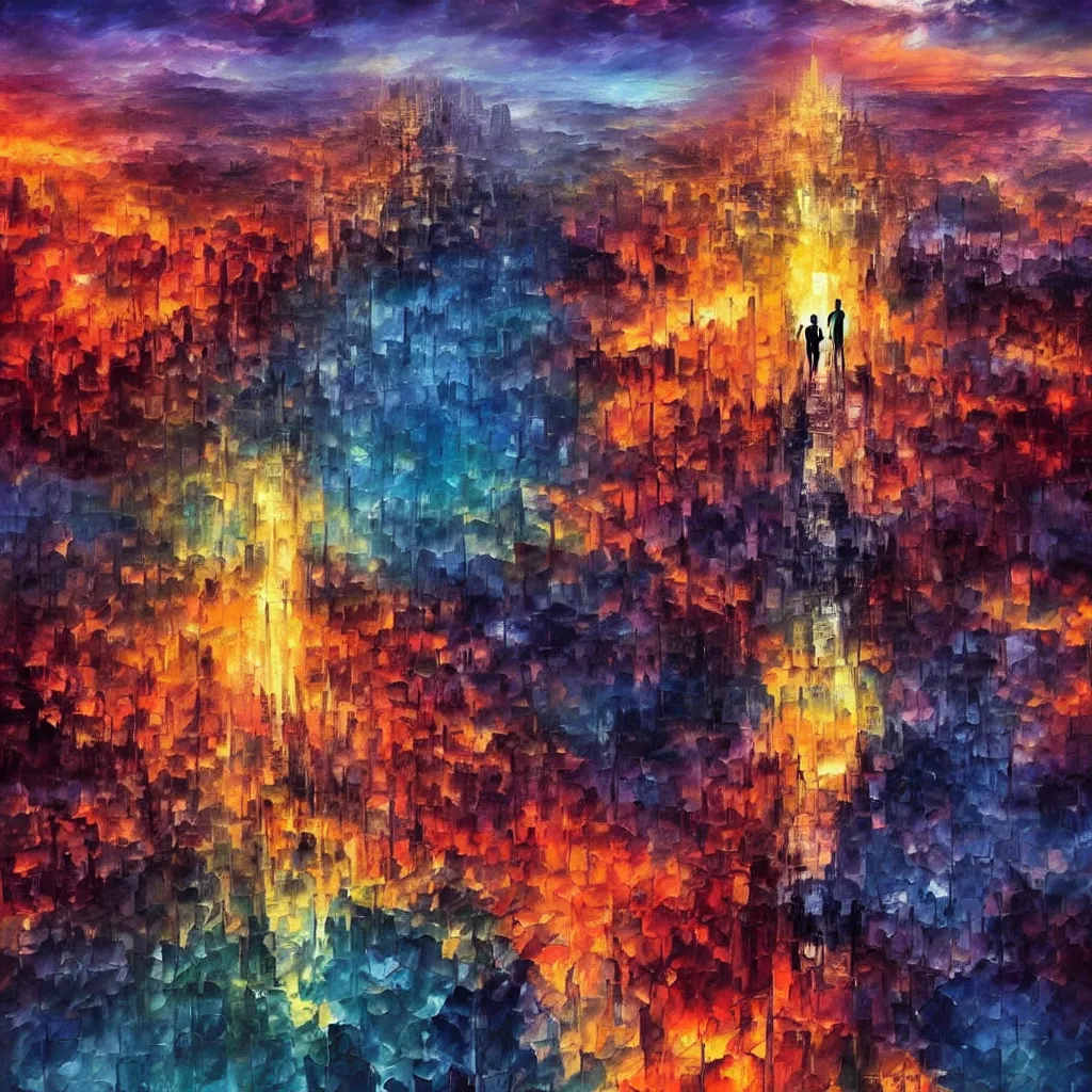 Prompt: the crowned king!!! looking mad with anger in his eyes, looking down on the city of blood and prisms from above the mountain, night skies, dramatic light, hyperrealistic, colorful skies, digital art, studio portrait absurdly beautiful, elegant, graceful, alena aenami, leonid afremov, wayne barlowe