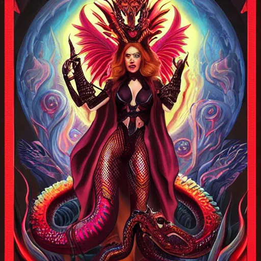 Prompt: demonic female demon hell portrait of scarlett johansson with a long snake and wings as queen of hell and dragons, fire and flame, big long hell serpent dragon octopus, Pixar style, by Tristan Eaton Stanley Artgerm and Tom Bagshaw.