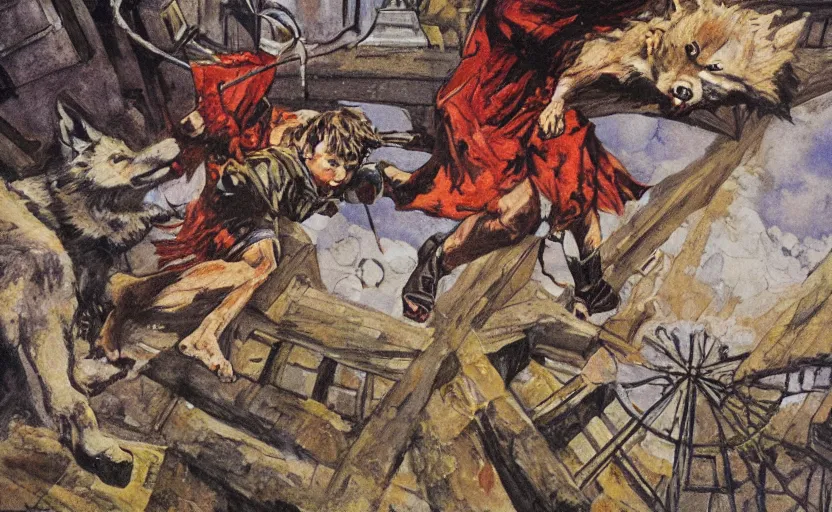 Prompt: a boy fighting a wolf on the edge of a clocktower, by josh kirby gouache, print