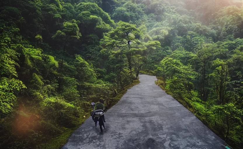 Image similar to Taiwan mountainous forests on the moon street photo, Khrushchyovkas, sunrise, flying scooters, long shadows, photorealistic, stunning, magnum photos 4k