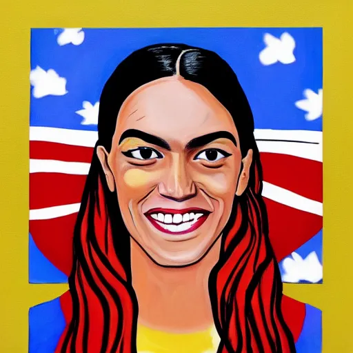 Prompt: A painting of Alexandria Ocasio-Cortez as a superwoman