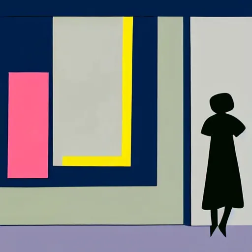 Image similar to A painting of person standing next to a window, abstract painting in the style of Sophie Taeuber-Arp and Gary Hume and Tatsuro Kiuchi, flat colour-block style, geometric abstraction, deep colours