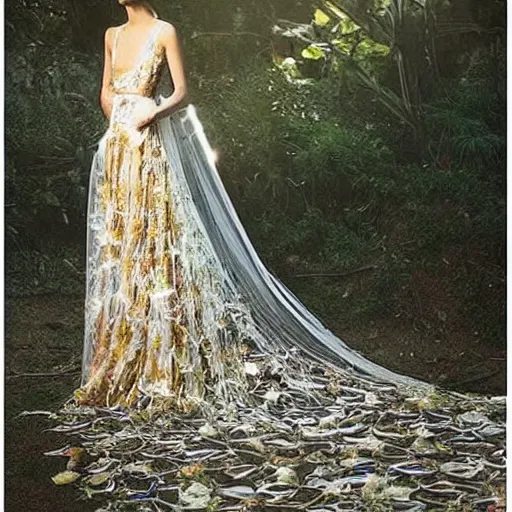 Image similar to a long wedding dress with a train made of flower petals made of light - colored fabric. transparent in places. in places, patterns of precious stones. intricate patterns of gold thin threads. fantasy. clear details