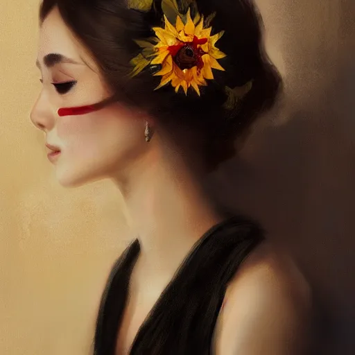 Prompt: masquerade ball mask, sunflower tiara, korean audrey hepburn, vogue magazine, greg rutkowski, john singer sargent, trending on artstation, anime, oil painting, side profile portrait, looking right, intricate