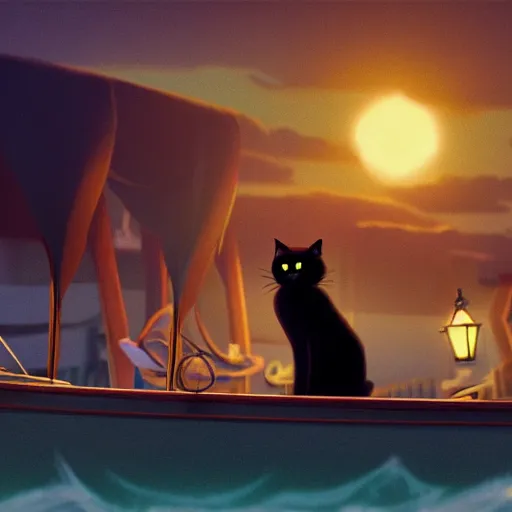 Prompt: a wholesome animation key shot of a black cat! on a boat! close to the shore in the night, medium shot, studio ghibli, pixar and disney animation, sharp, rendered in unreal engine 5, anime key art by greg rutkowski, bloom, dramatic lighting