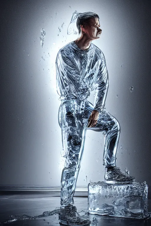 Prompt: transparent ice sculpture of squatting man in tracksuit, shiny, ultra realistic render, 4k, volumetric lighting, highly detailed, studio lighting, octane render, glowng, cold mist