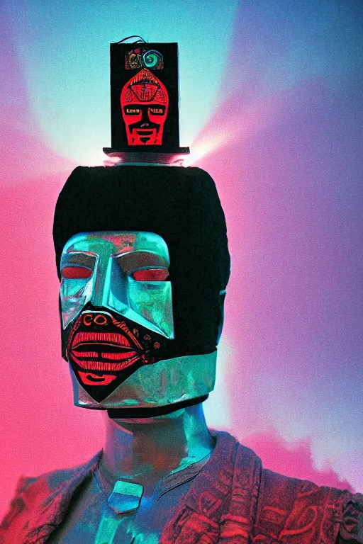 Prompt: agfa vista 4 0 0 portrait photograph of a meso american guy on a spaceship, aztec face mask, ancient yet futuristic, meso american aesthetic, aztec aesthetic, synth vibe, vaporwave colors, lens flare, moody lighting, moody vibe, telephoto, 9 0 s vibe, blurry background, grain, tranquil, calm, faded!,