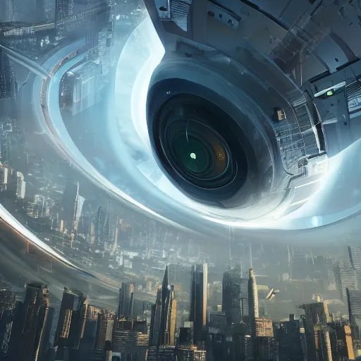 Prompt: a futuristic cityscape, giant eye looking over it, horror, dark light, 8 k, detailed, hyperrealistic