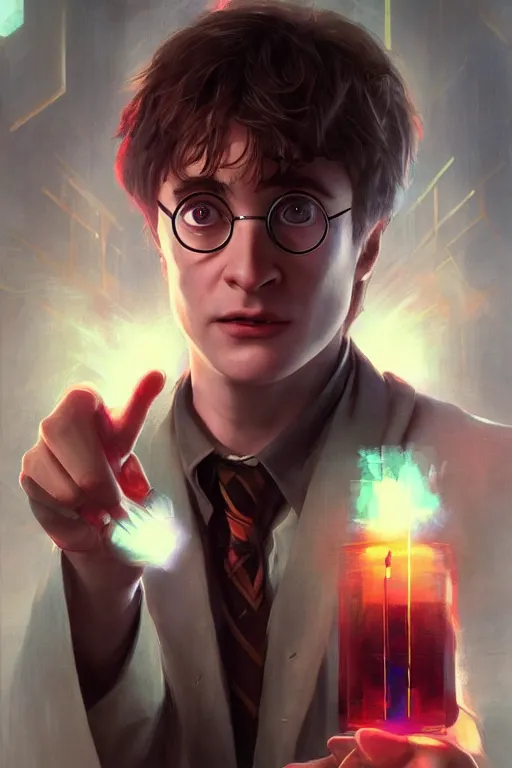 Prompt: portrait of Harry Potter with faciap in cyberpunk, neon lighting, holding laser wand, digital art from artstation by Ruan Jia and Mandy Jurgens and Artgerm and william-adolphe bouguereau and Greg Rutkowski and Wayne Barlowe