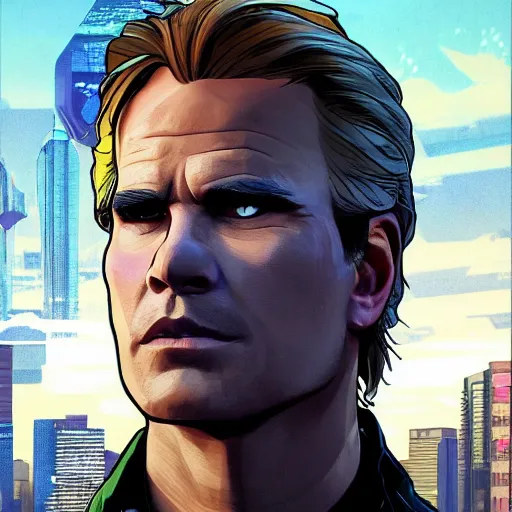 Prompt: [UHD MacGyver as a GTA character on the streets of futuristic laserpunk Dallas, correct face, intricate facial details, symmetrical face, elegant, graphic detail, digital painting, trending on artstation, concept art, tonalism, sharp focus, illustration, art by Akira Toriyama and Greg Rutkowski and Alphonse Mucha]