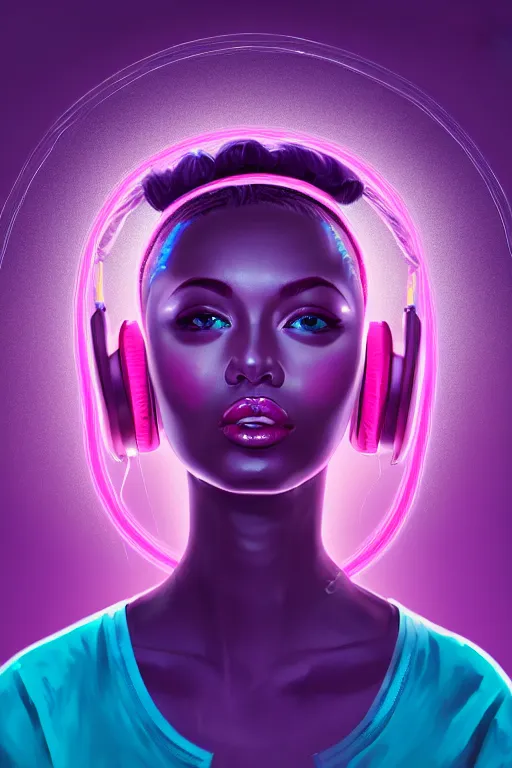 Prompt: a award winning half body portrait of a beautiful woman with stunning eyes in a croptop and cargo pants with ombre purple pink teal hairstyle and wearing headphones on her ears by thomas danthony, surrounded by whirling illuminated lines, outrun, vaporware, digital art, trending on artstation, highly detailed, fine detail, intricate