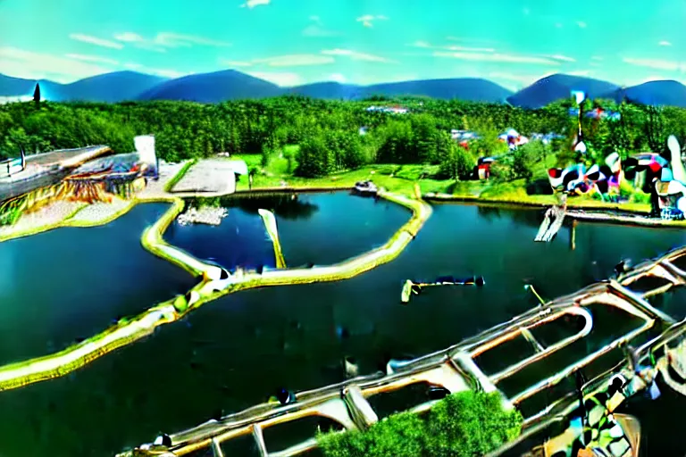 Image similar to bird's eye view photography of a small city. town hall, central farm, monorail station, inlet and shipping dock. hills, woods and pond to the north.