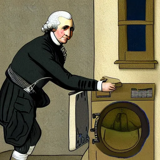 Prompt: george washington washing his clothes next door washing machine digital painting art