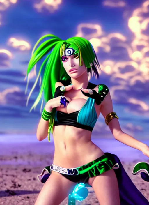 Image similar to cinematic scene with bella thorne as jolyne from jojo's bizarre adventure, stone ocean, dramatic, small details, volumetric lighting, still frame