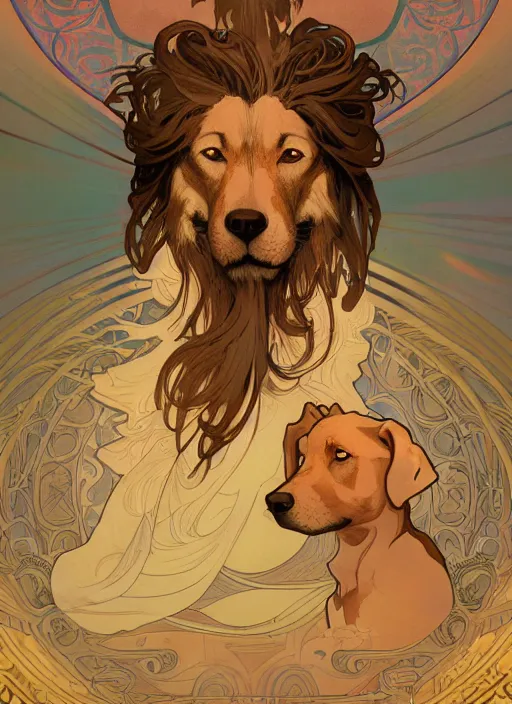 Image similar to beautiful illustration of a dog as a god with alphonse mucha and craig mullins, gorgeous, amazing, flowing hair, muscular, very muscular male body, in the style abigail larsonand and sam guay, rim light, beautiful lighting, 8 k, stunning scene, octane, trending on artstation