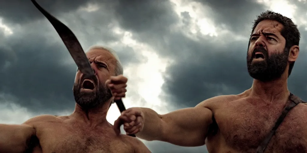 Image similar to cinematic film still of joe biden as leonidas shouting in 3 0 0 movie, 8 k, epic moody sky, dramatic lighting