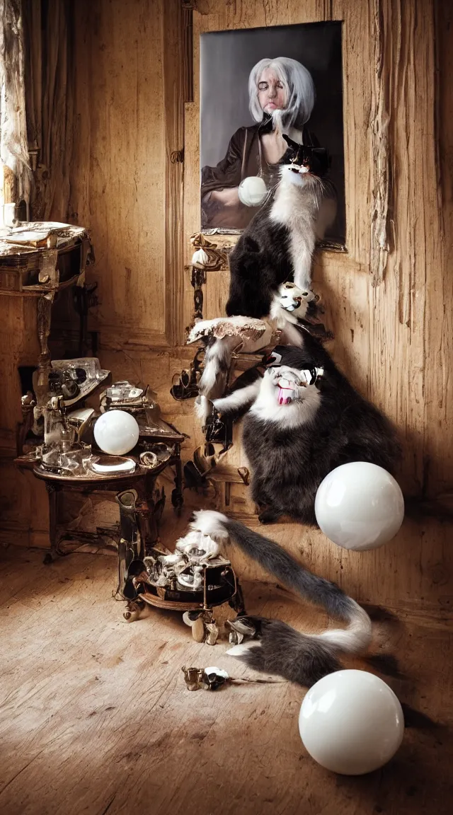 Image similar to full body protrait beautifull witch with white hair in old room. A cristal ball on a wood table with a potions and old instruments. A cat on the floor licking his paw. photorealistic, profesional photo, by Steve McCurry