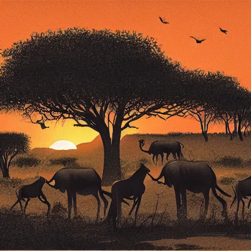 Image similar to rutkowski illustration of a safari at sunset