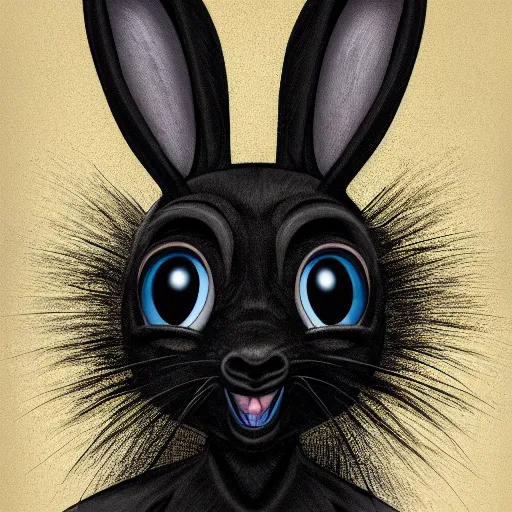 Image similar to A extremely highly detailed majestic hi-res beautiful, highly detailed head and shoulders portrait of a scary terrifying, horrifying, creepy black cartoon rabbit with scary big eyes, earing a shirt laughing, let's be friends, in the style of Walt Disney