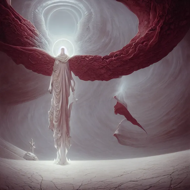 Image similar to one lone singular swirling otherworldly angel shrouded in red robes emerges from extensive barren white dunescape, matte painting by peter mohrbacher and filip hodas, background basilica sacrecoeur by hugh ferriss, godrays, high contrast, highly detailed, a
