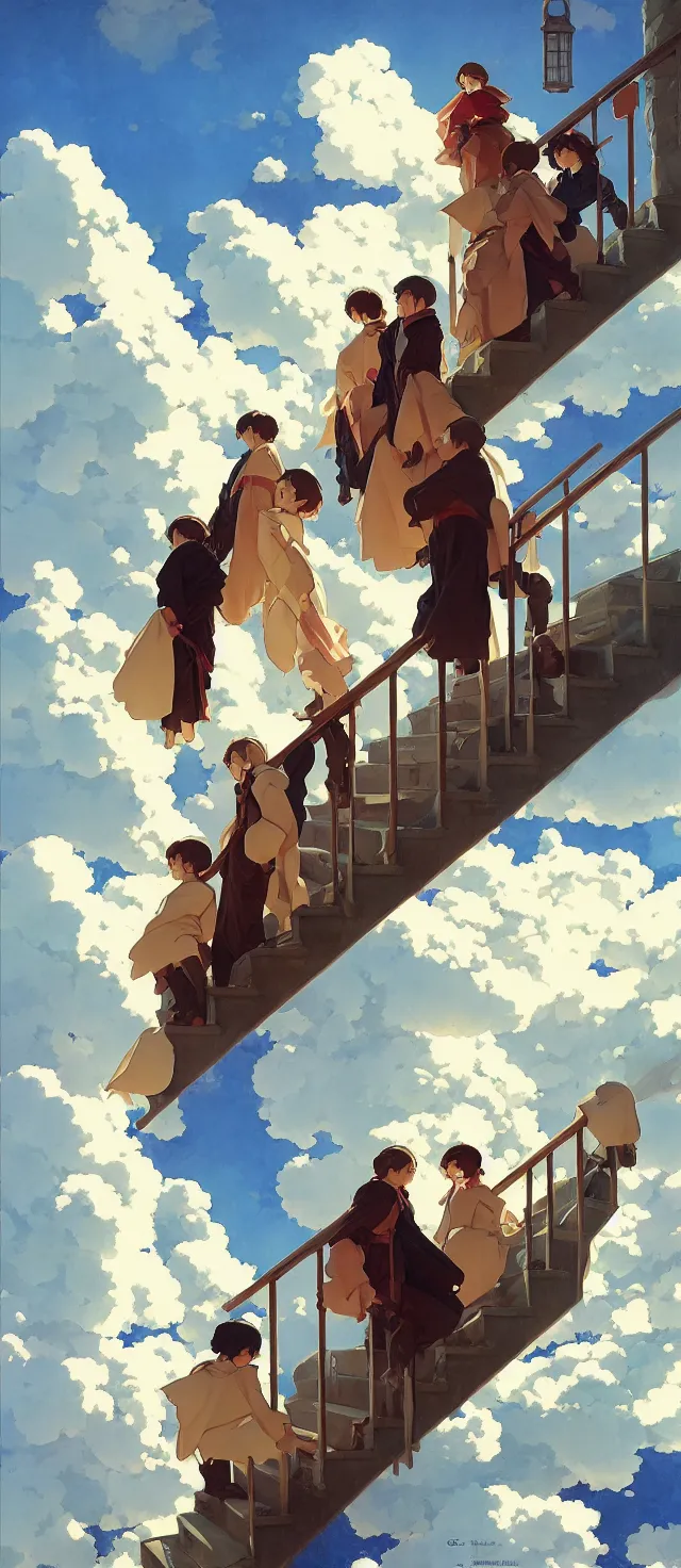 Image similar to stairway to heaven, winter, in the style of studio ghibli, j. c. leyendecker, greg rutkowski, artem