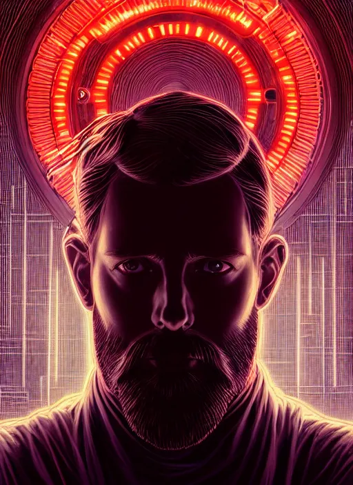 Image similar to symmetry!! 1 3 mm film portrait of bearded man, sci - fi -, cyberpunk, blade runner, glowing lights, tech, biotech, techwear!! intricate, elegant, highly detailed, digital painting, artstation, concept art, smooth, sharp focus, illustration, art by artgerm and greg rutkowski and alphonse mucha, grain, old photograph