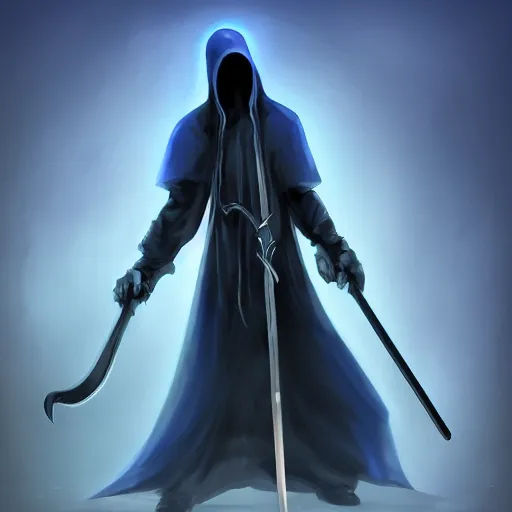 Image similar to grim reaper with a blue glowing scythe, digital art, digital painting, 4 k, hd, artstation, devian art, highly detailed