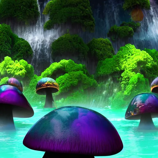 Image similar to colorful alien planet background, giant mushrooms, waterfall, tropical vegetation, rocks, anime, octane render, 4 k, ingame shot