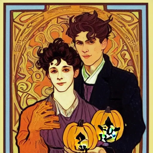 Image similar to painting of handsome young delicate beautiful jeffrey in his 2 0 s with brown hair and gorgeous rina together at the jack o'lantern halloween party holding pumpkins, elegant, clear, painting, stylized, art, art by alphonse mucha, vincent van gogh, egon schiele,