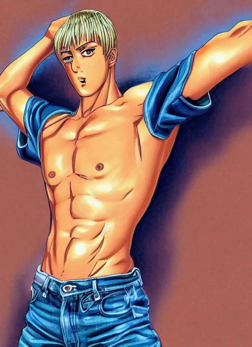 Image similar to Portrait of Onizuka from GTO wearing jeans and no tshirt, masculine and muscular, smoking a cigarette, intricate body, whole body highly detailed, digital painting, artstation, concept art, smooth, sharp focus, illustration, art by Hajime Sorayama