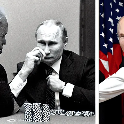 Prompt: Putin playing poker with Biden in a dark scary room, both are smoking, noir