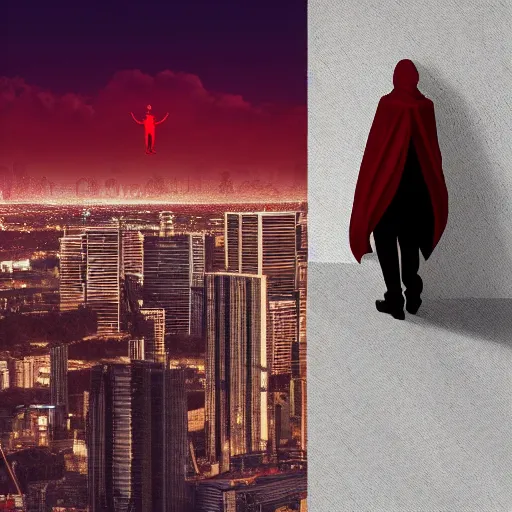 Prompt: a man in a long red cloak standing on the edge of the building looking at the city scape, synthwave digital art